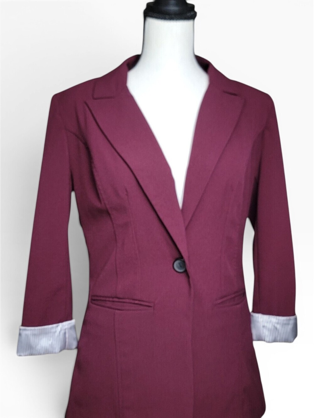 BCX Women's Medium Burgundy Single-Button Blazer Striped Cuff Business Office